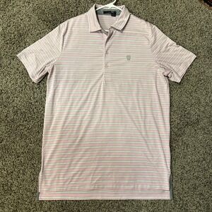 Ralph Lauren RLX Classic Golf Polo Shirt Pink White Stripes‎ Size Large